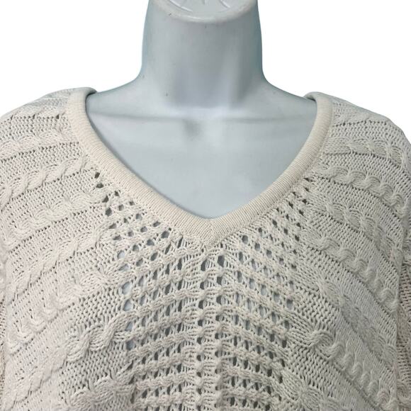 CAbi Cream Ivory Fringe Fiesta Poncho Open Knit Half Sleeve Sweater Top size M - Picture 8 of 12
